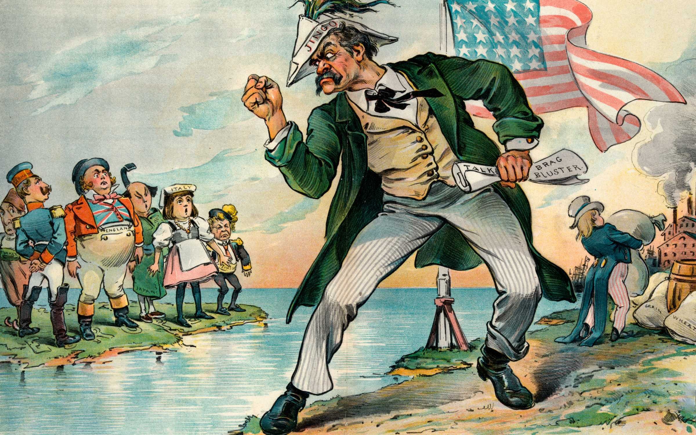 The Jingo Bully: a political cartoon from 1897 satirising tariff wars between the United States and Europe.