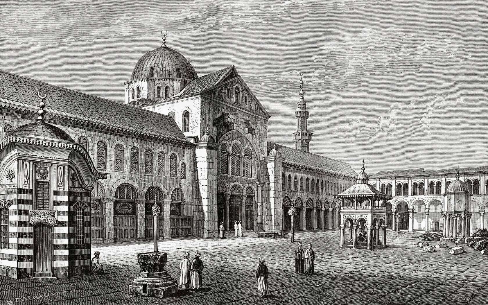 The Umayyad Mosque, Damascus. Engraving after Hercule Catenacci, from Le Tour du Monde, 1882.