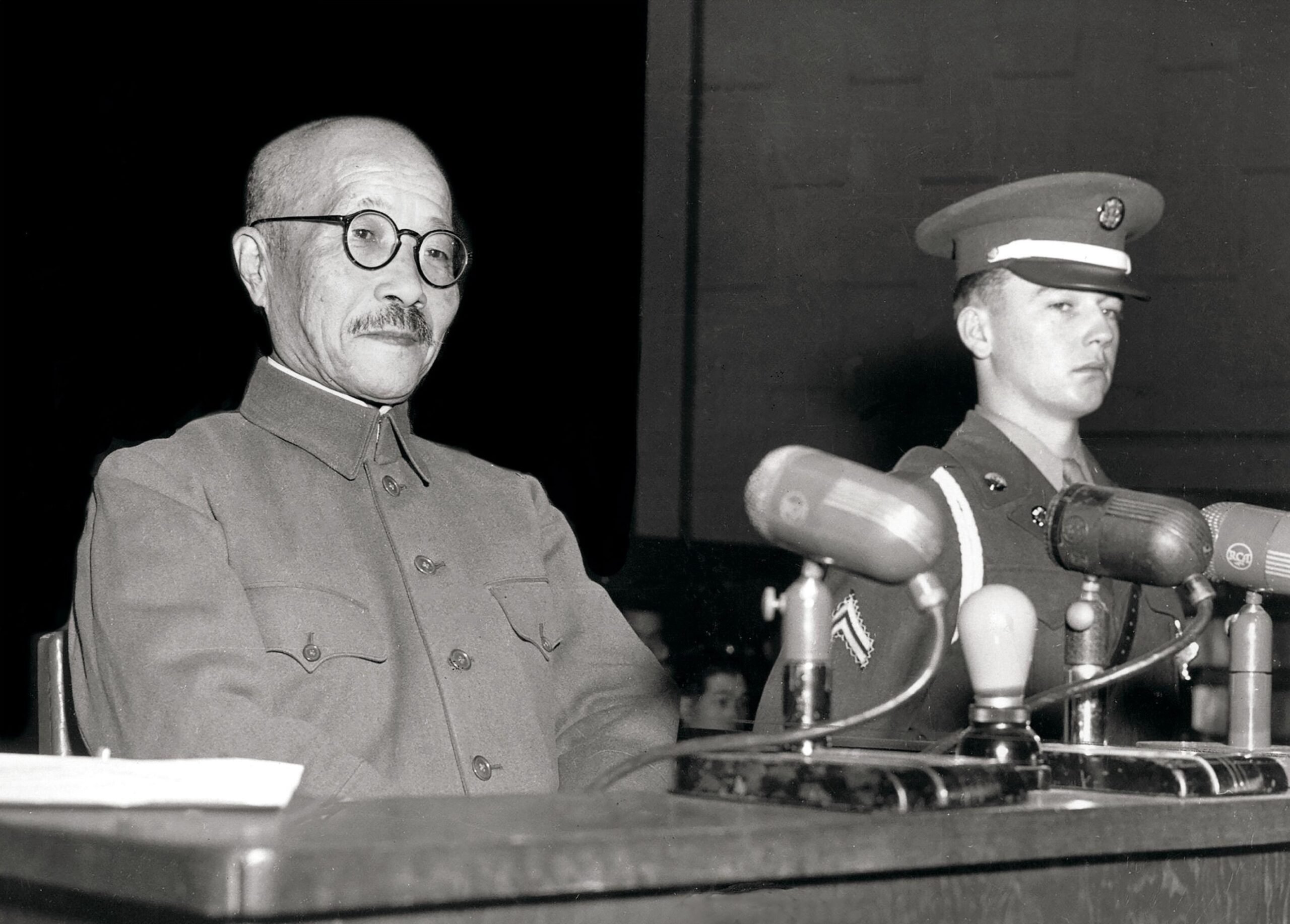 General Hideki Tojo taking the stand for the first time during the Tokyo Trials in Japan on 26 December, 1947. Credit: Shawshots