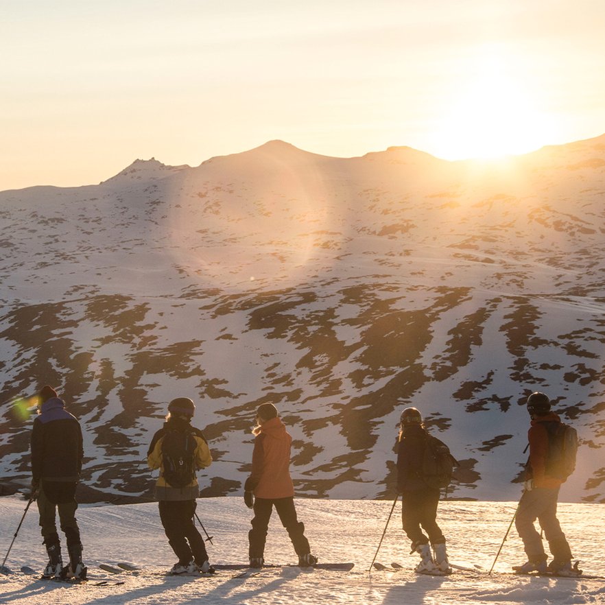 fem personer i skidor besk&aring;dar midnattssolen p&aring; fj&auml;lltopp