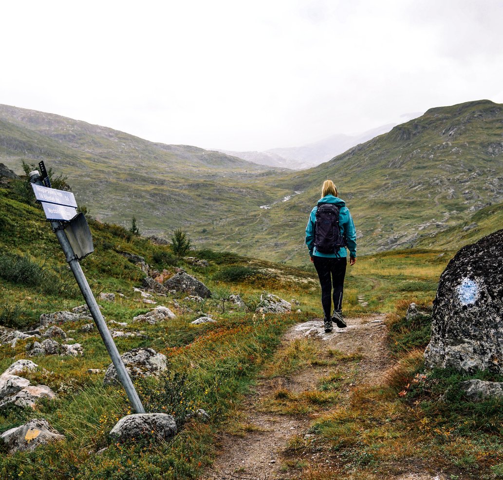 kvinna vandrar en dimmig sommardag mot Katterjaure