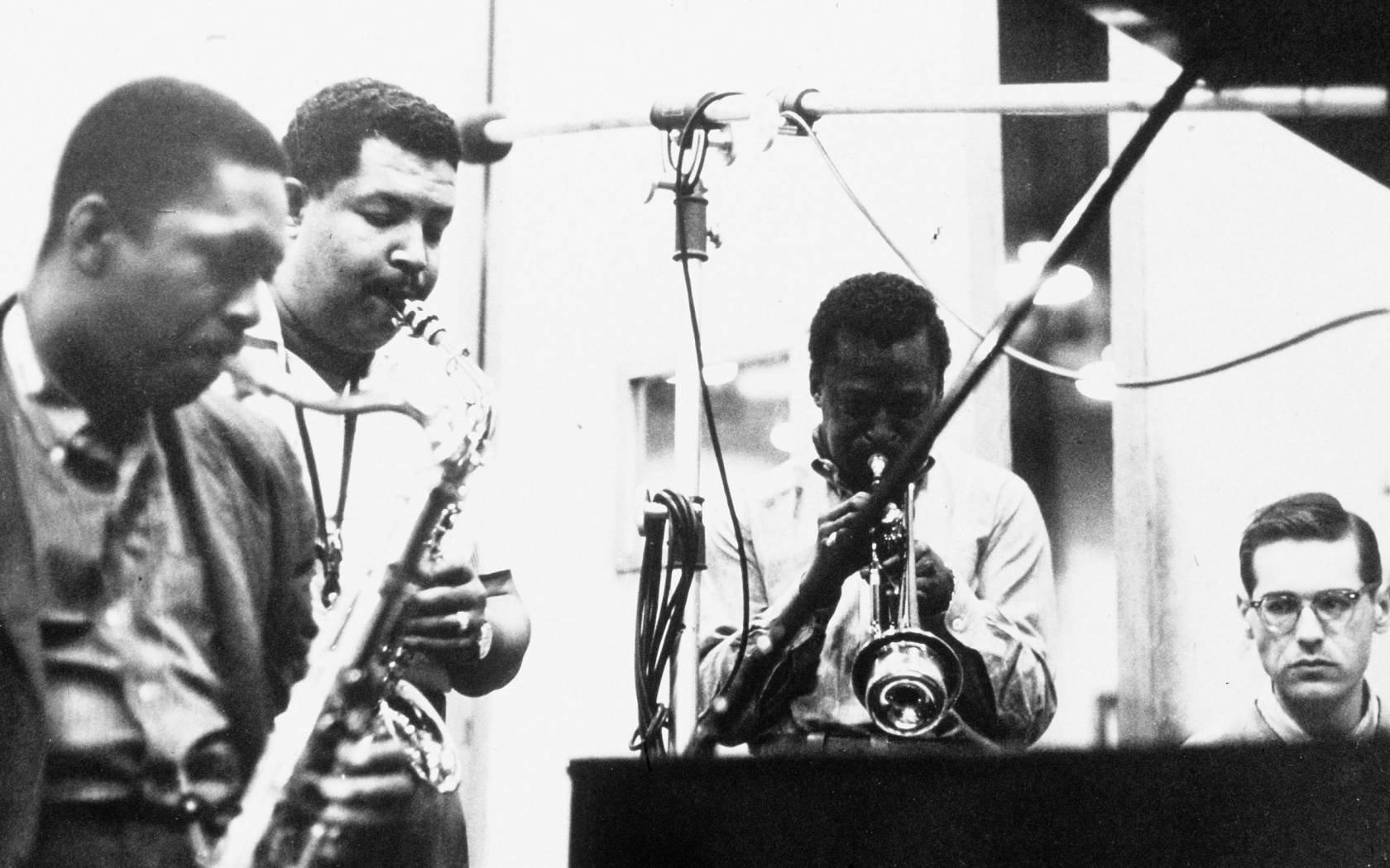 Shot from the recording sessions for the album Kind of Blue.