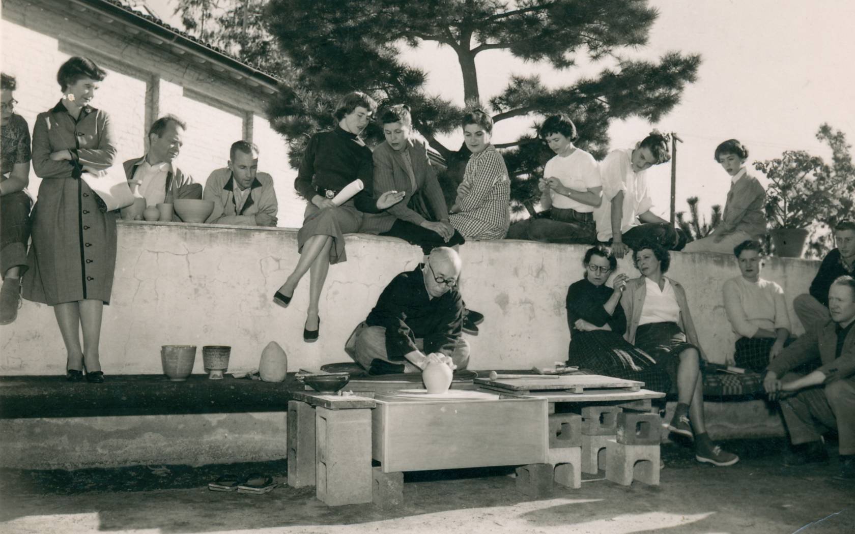 Hamada Shōji demonstrating his craft at Scripps College, California, 1953.