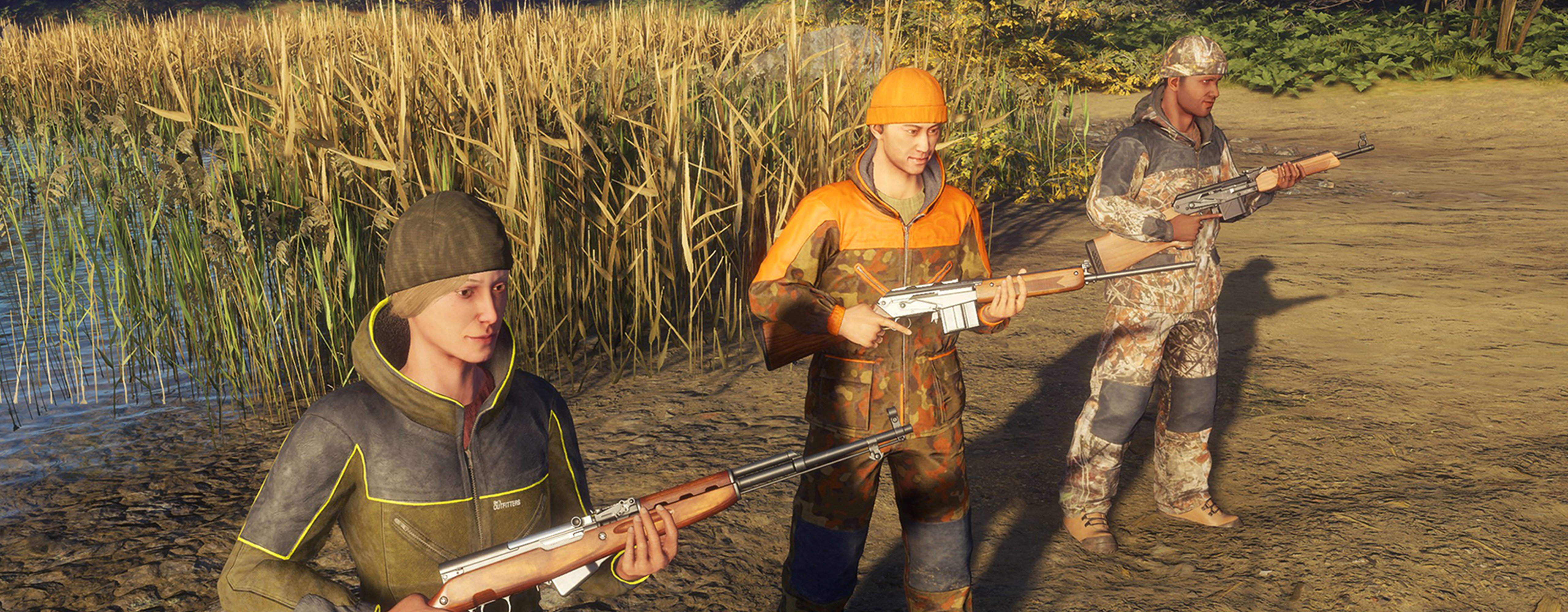 Three hunters standing in forest and holding weapons included in the Rapid Hunt Rifle Pack.