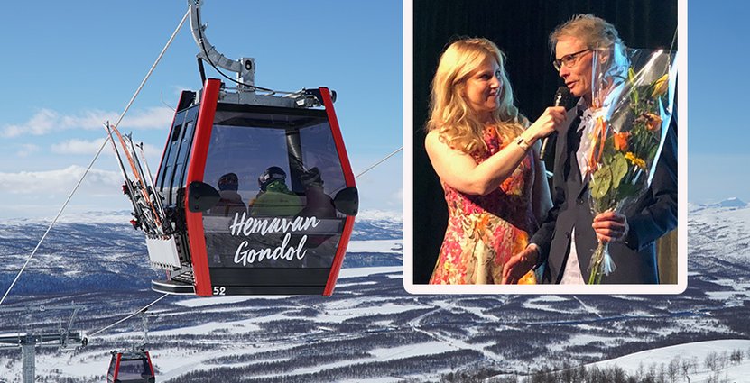 Thomas Ringbrant Tar emot pris för Bästa Skidanläggning<br />
 av kvällens konferencier Frida Boysen.  Foto: Visita