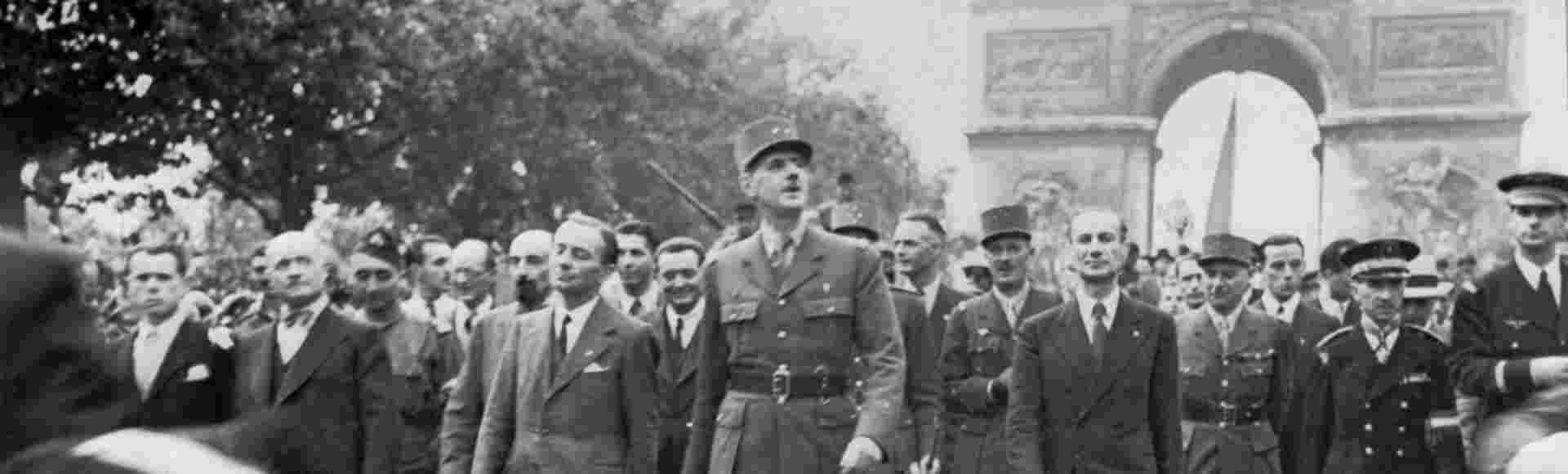 PARIS, FRANCE - 25 August 1944 - The Liberation of Paris, 25 - 26 August 1944. General Charles de Gaulle and his entourage set off from the Arc de Tri