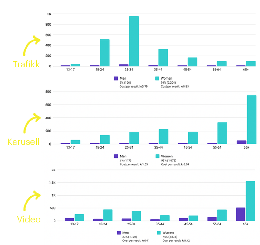 Her ser du hvordan det samme budskapet traff ulike målgrupper avhengig av om budskapet ble presentert som en video, karusell eller lenkepost. Utgangspunktet for målgruppen var den samme.