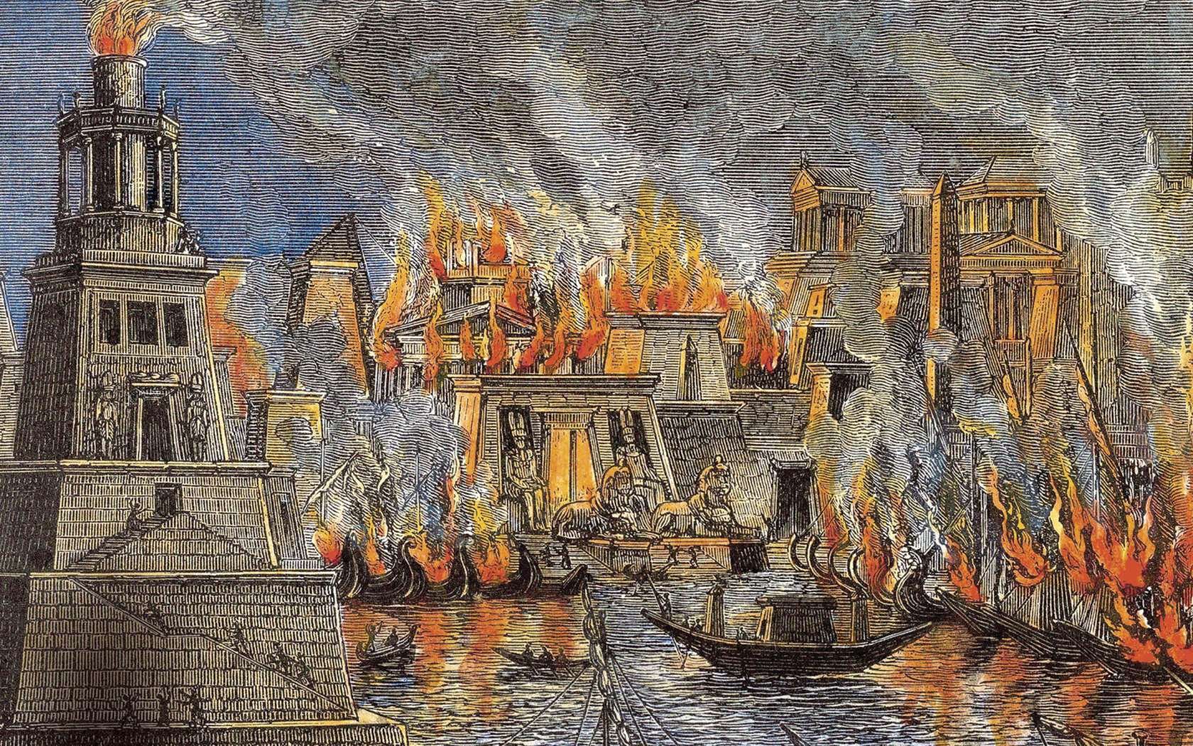 A Victorian print of the burning of the Library of Alexandria.
