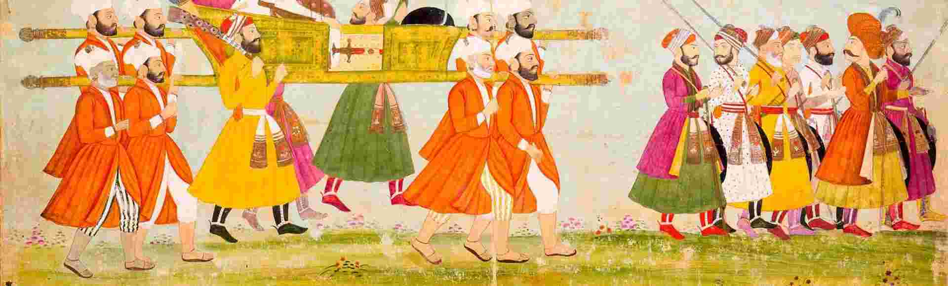A Mughal painting from c. 1775 depicts the Emperor Aurangzeb ('Alamgir I), the sixth Mughal Emperor (1658-1707), being carried on a Palanquin.