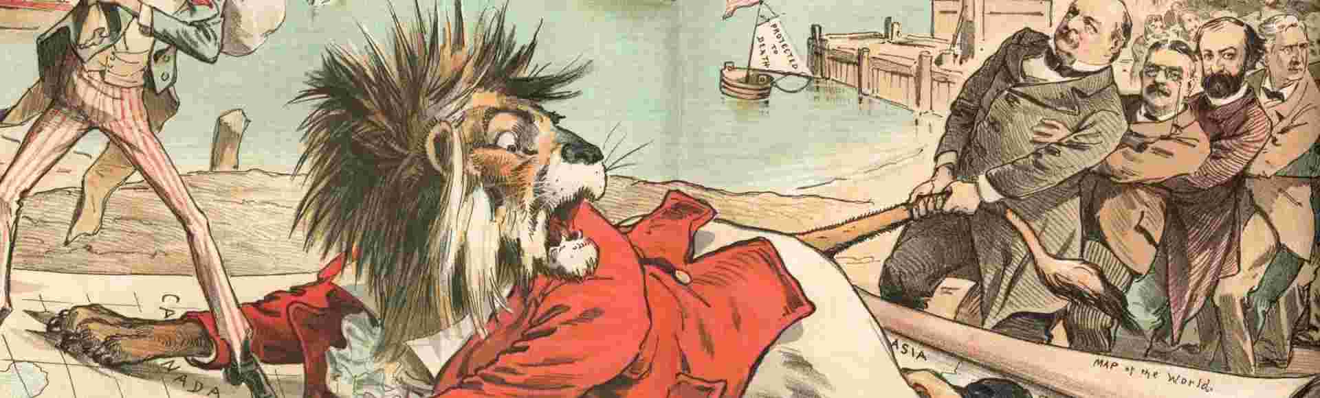 'Taming the British Lion'. Puck magazine, 1888.