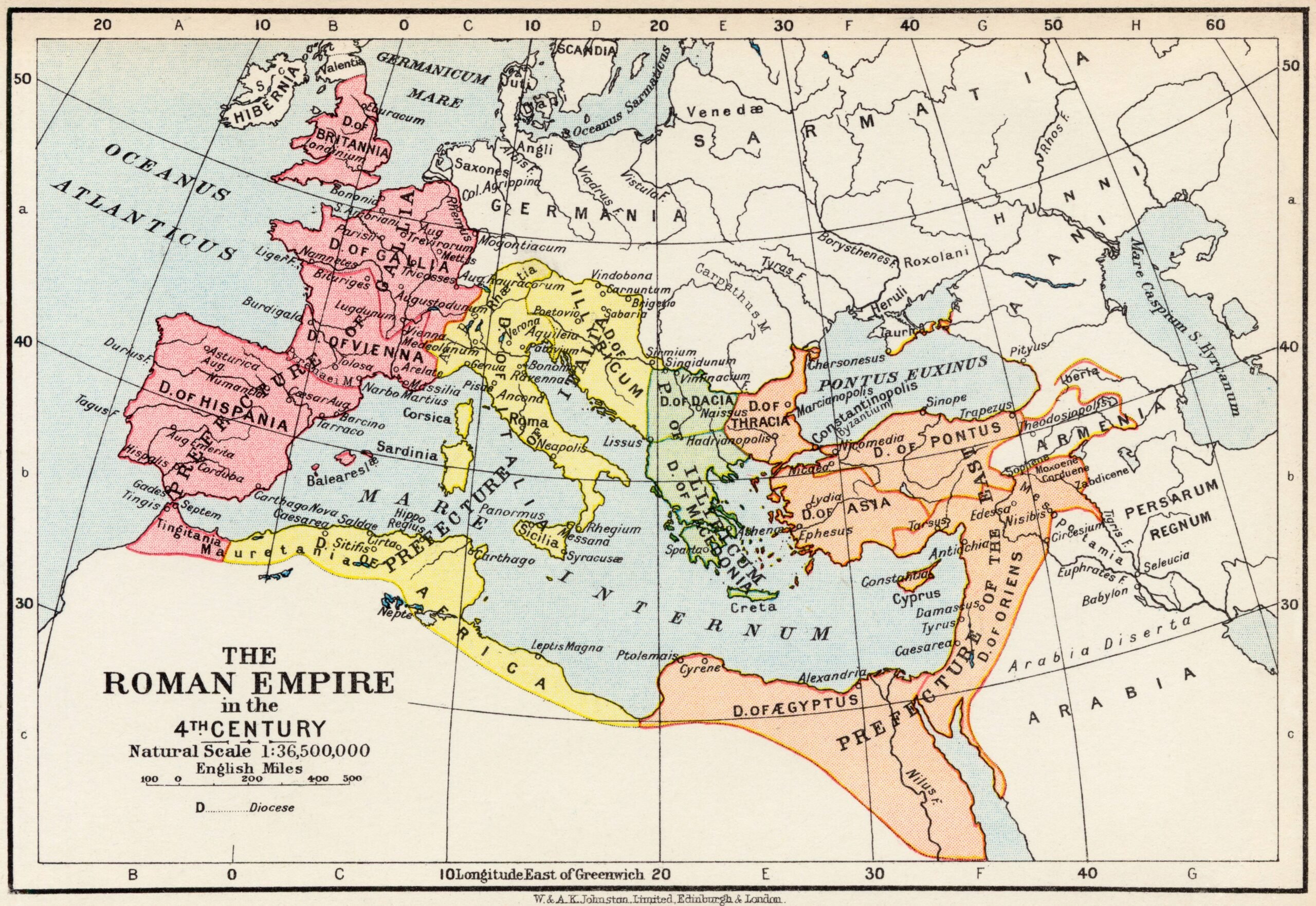 Map of the Roman Empire in the 4th Century. Credit: Classic Image / Alamy Stock Photo