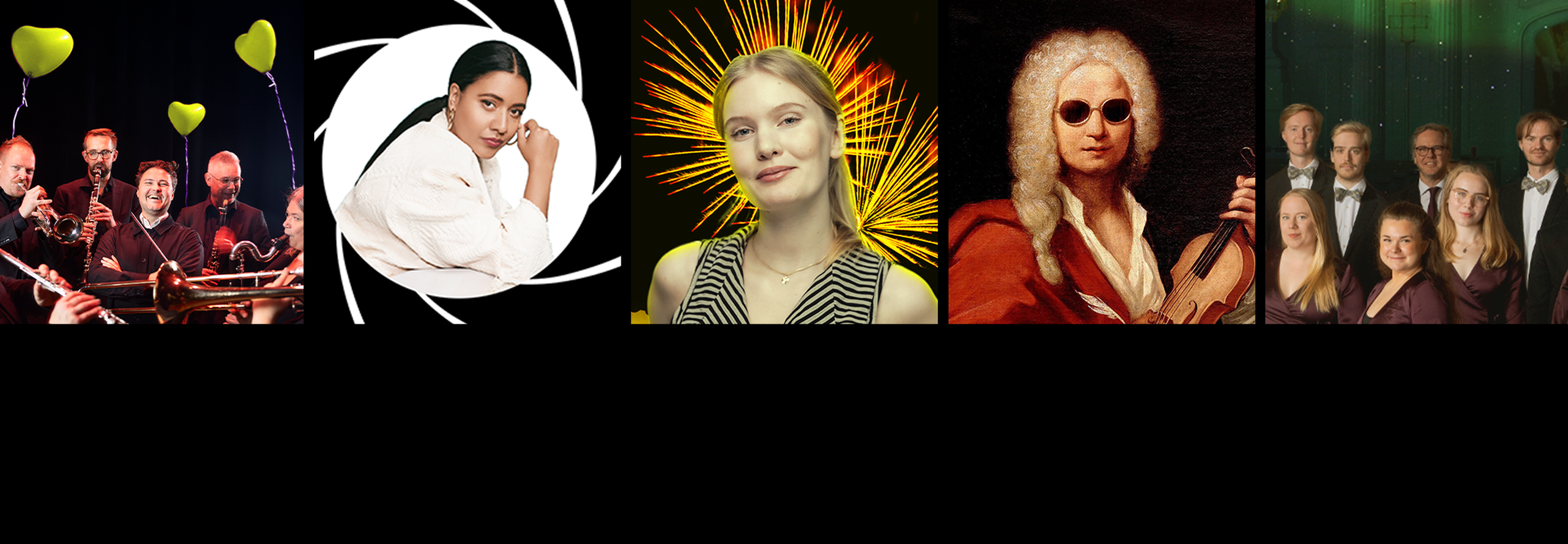 Collagebild på medverkande artister, orkester, kvinnor, Haydn och kör