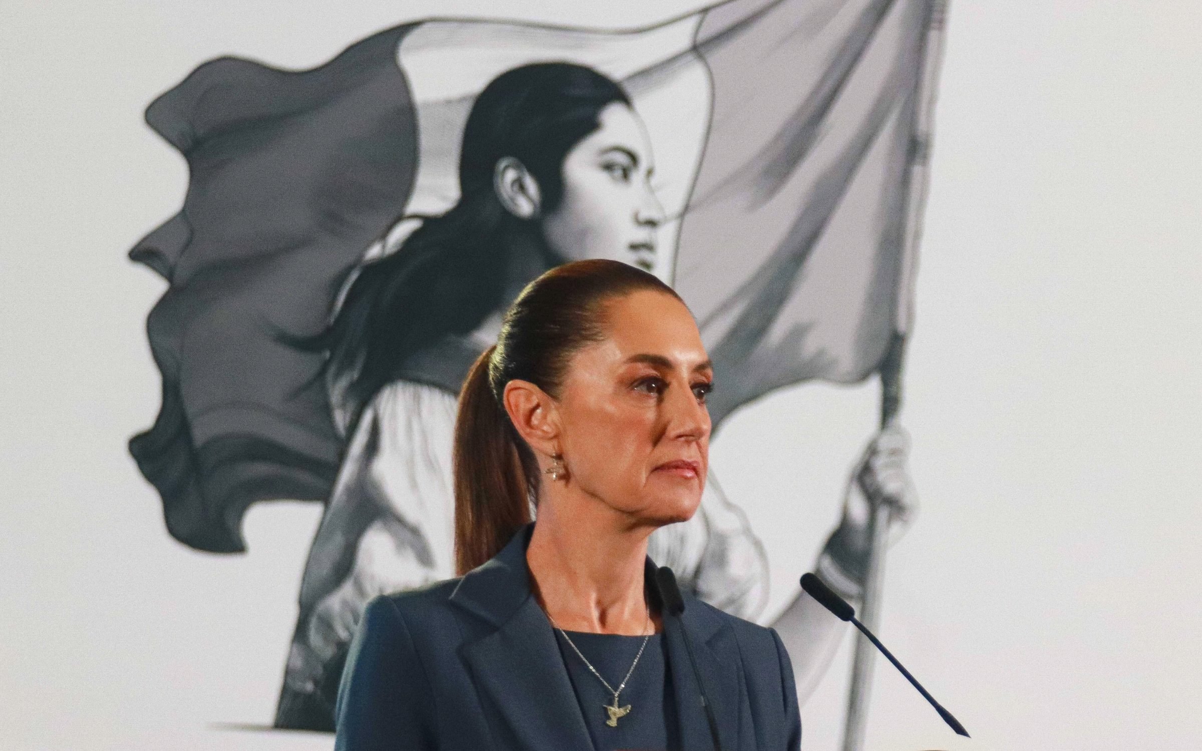 President Claudia Sheinbaum of Mexico speaking at the National Palace.