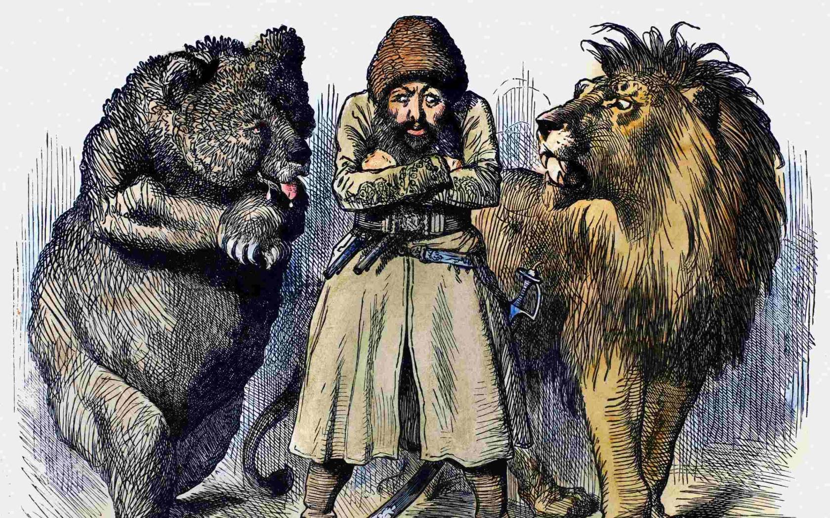 'Save Me From My Friends!' (1878) A satirical cartoon by Sir John Tenniel shows Amir Sher Ali of Afghanistan caught between the Russian bear and the British lion as each eyes the other with suspicion.