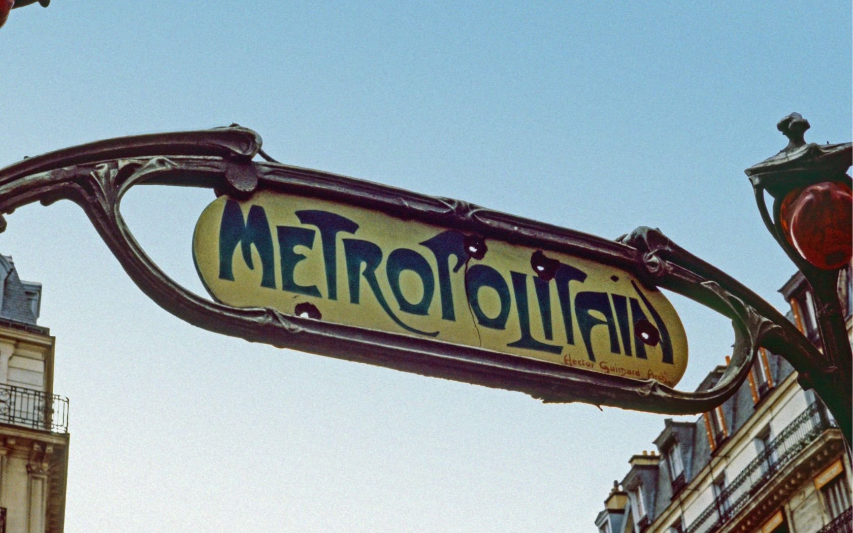 Art Nouveau Metropolitan railway sign in Paris. Archival shot scanned from transparency; 1972