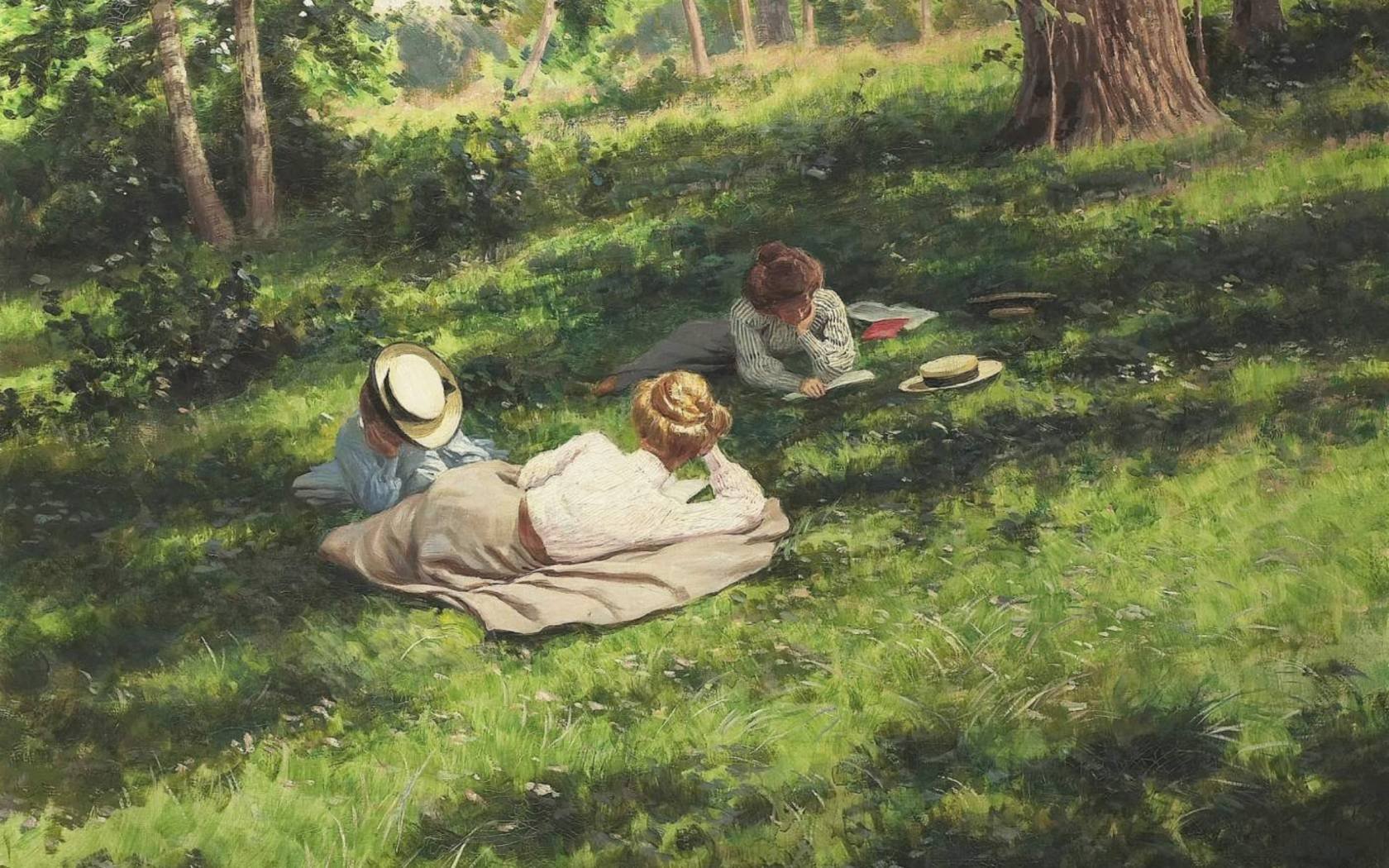 Three women reading in a summer landscape by Johan Krouthén, 1908.