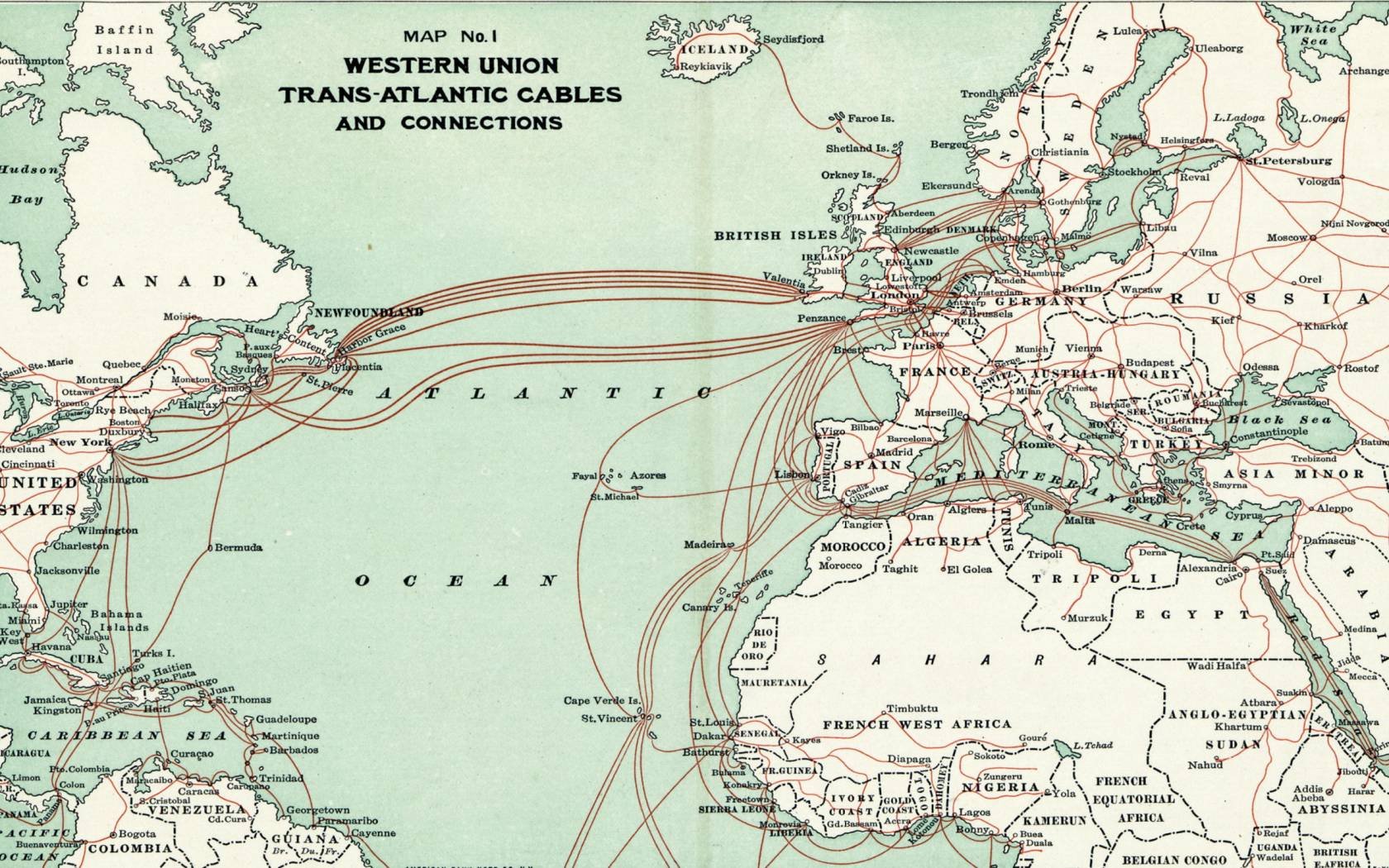 Western Union map showing routes of undersea telegraph cables in 1900.