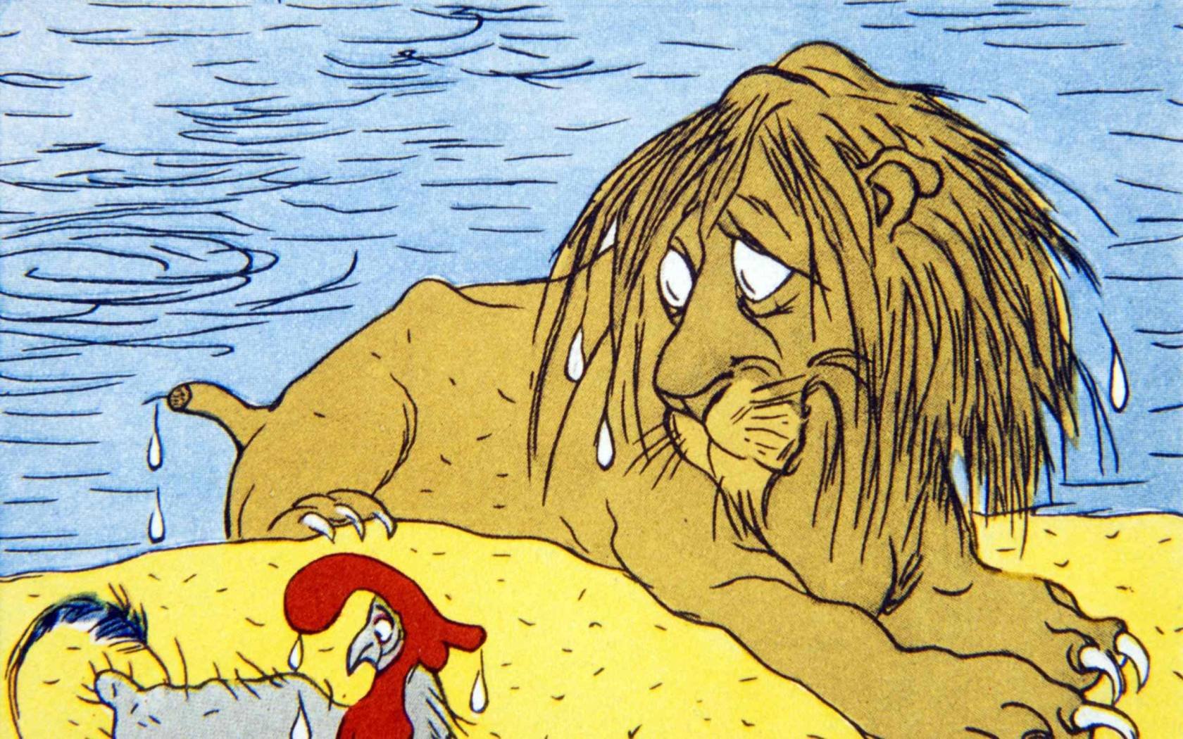 A Soviet Cartoon from 1956 showing a defeated British lion and Gallic cockerel on the banks of the River Nile.