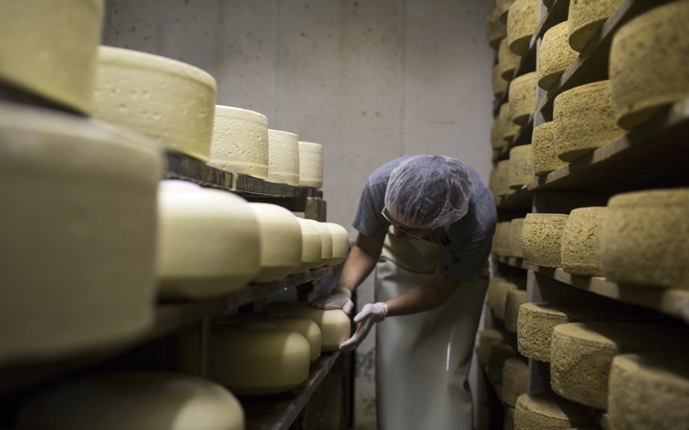 Cheese maker Becky Smith salts the rind of newly made wheels of cheese at Cato Corner Farm, Connecticut. Credit: Robert Nickelsberg / Getty Images.