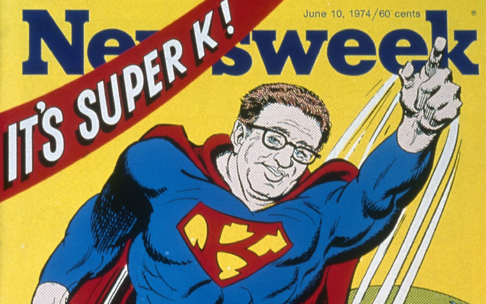 Henry Kissinger caricatured as 'Super K' on the cover of 'Newsweek' magazine, 10 June 1974.