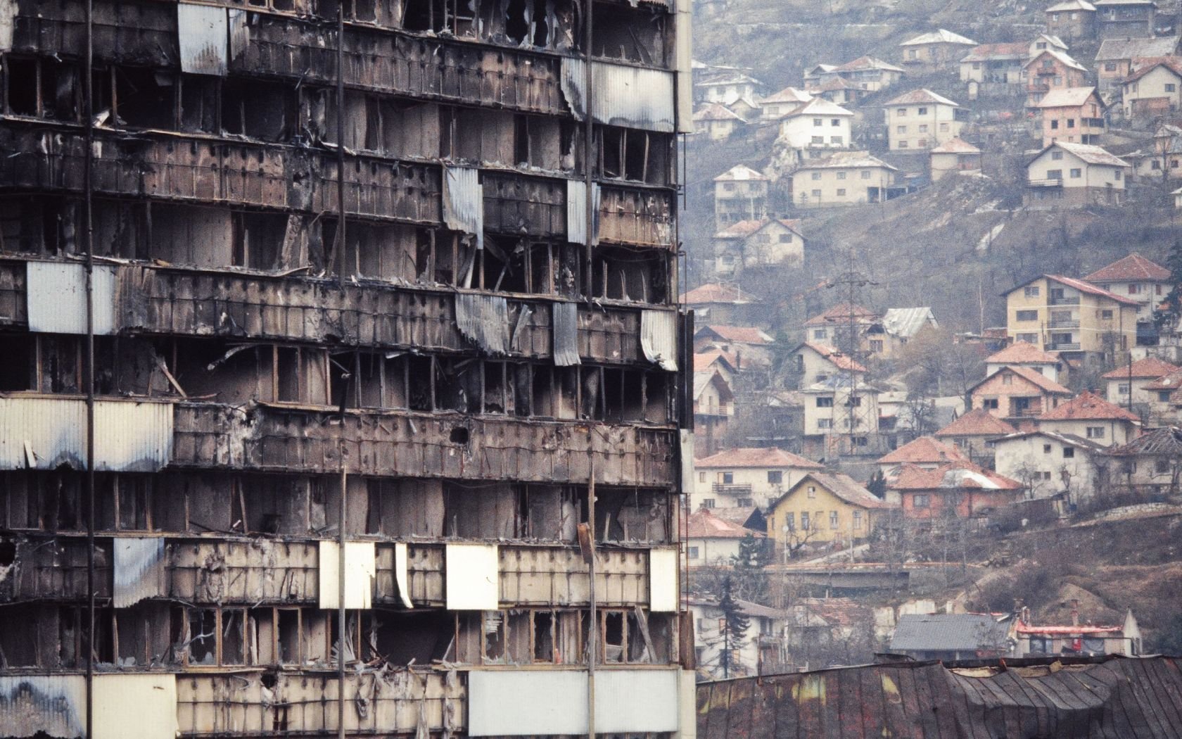 A burned-out building during the Seige of Sarajevo