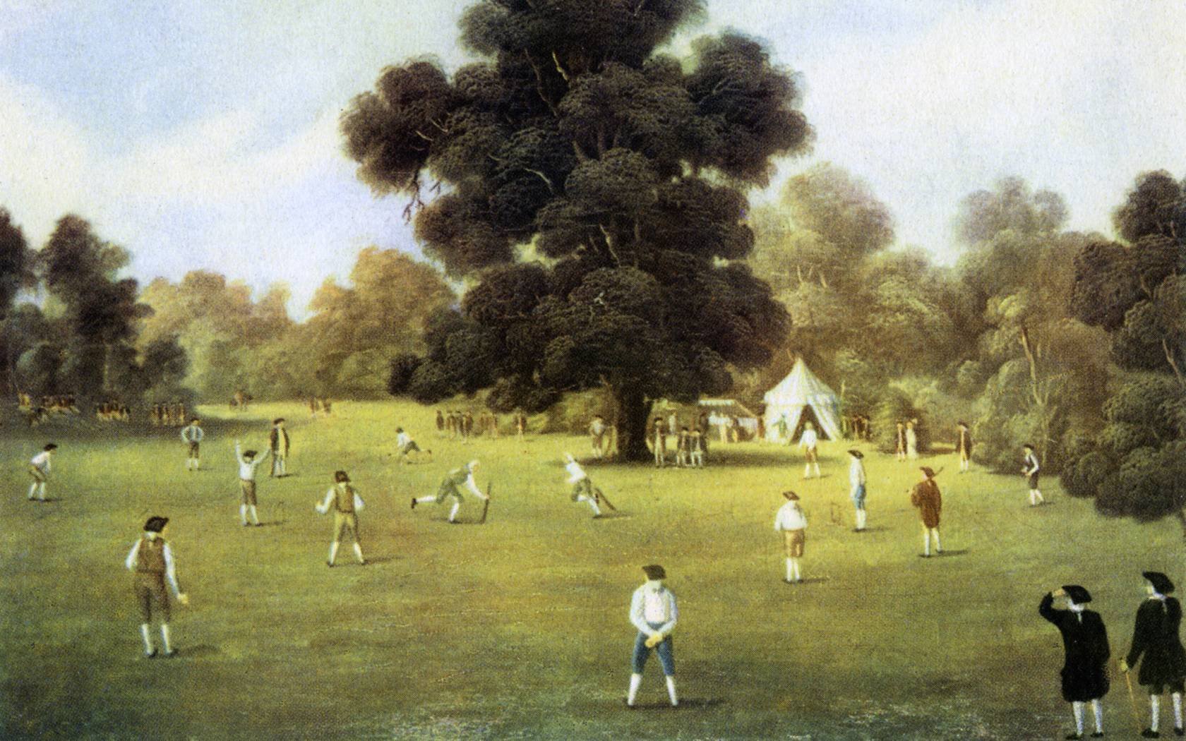 Lords and Gentlemen of Surrey and Kent playing cricket at Knole Park, Kent, 1775.