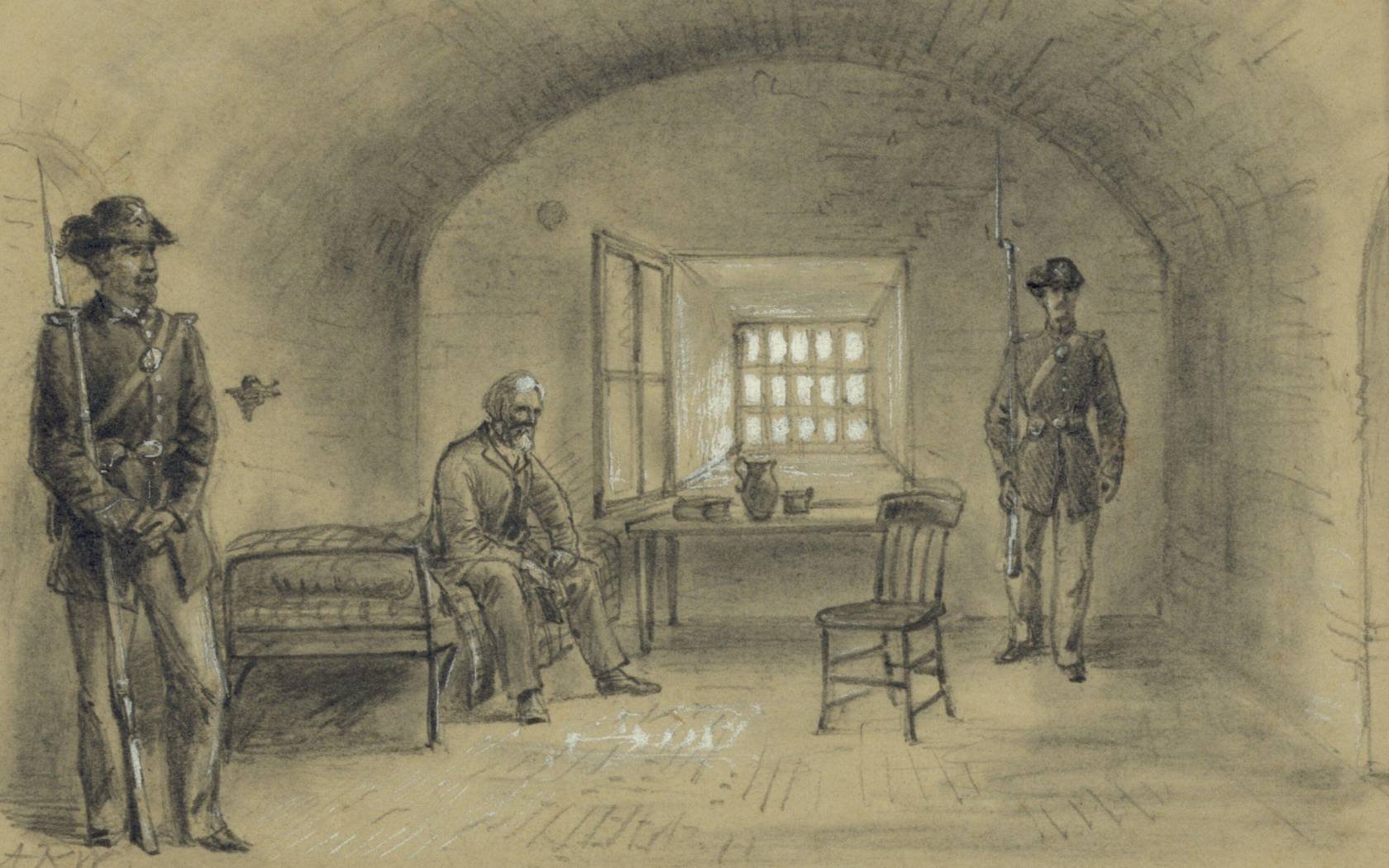Former president of the Confederacy, Jefferson Davis, imprisoned in a casement cell in Fortress Monroe, 1865.