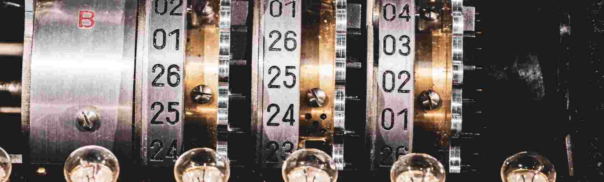 The plugboard, keyboard and rotors from a German Enigma machine.