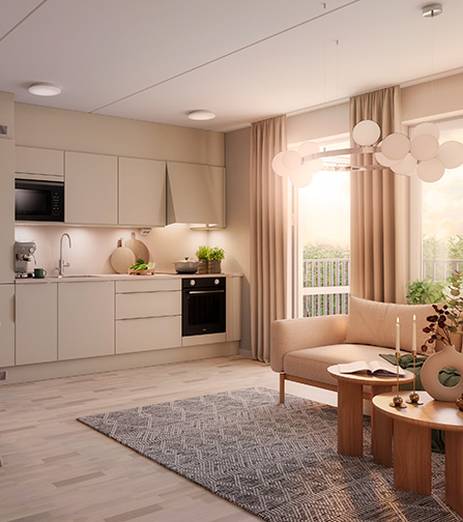 Ljust kök med bänkskiva i kompositsten, integrerade vitvaror och induktionshäll