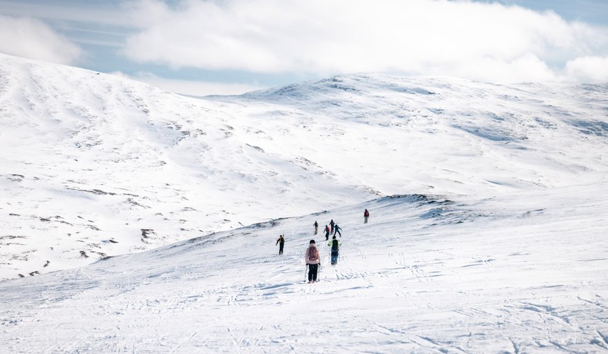 skid- och snowboard&aring;kare &aring;ker offpist uppe p&aring; fj&auml;llet