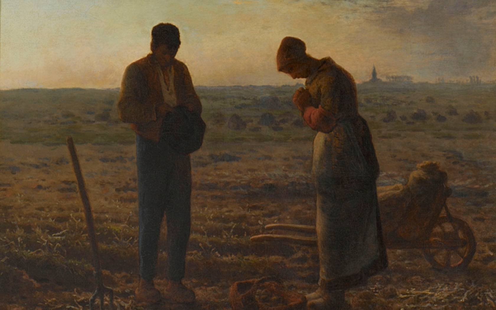 a man and woman bow their heads in prayer in an agricultural scene painted by the painter millet