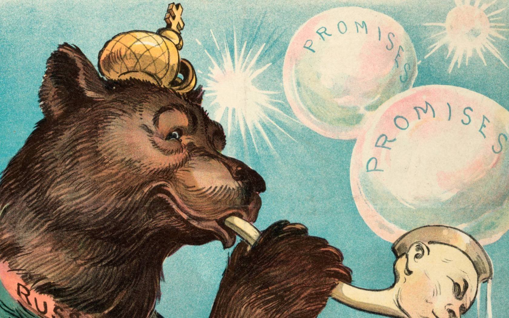 A political cartoon showing the Russian bear blowing soap bubbles labeled 'Promises' through a meerschaum pipe with a Chinese face, using liquid from a bowl labeled 'Manchurian soft soap'. The 1903 cartoon is one of many examples of the figure of the bear embodying Western preconceptions of Russia.