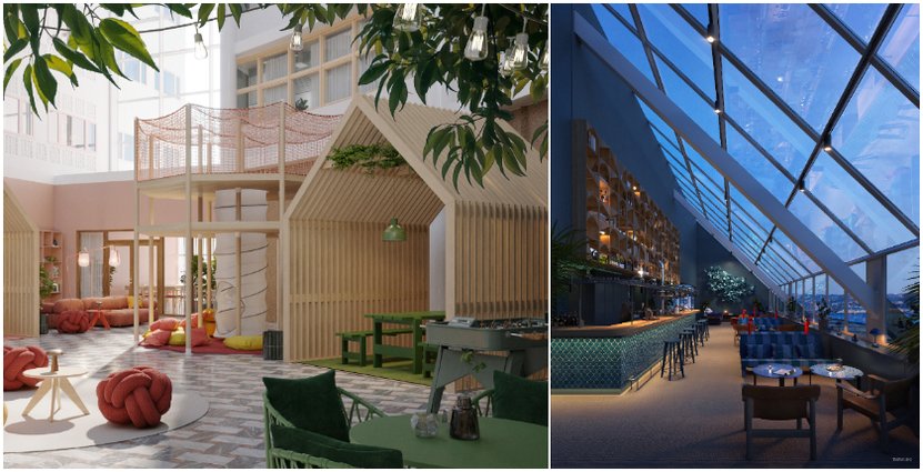 Skissbilder på den planerade aktivitetsloungen (till vänster) och skybar Bild: Scandic