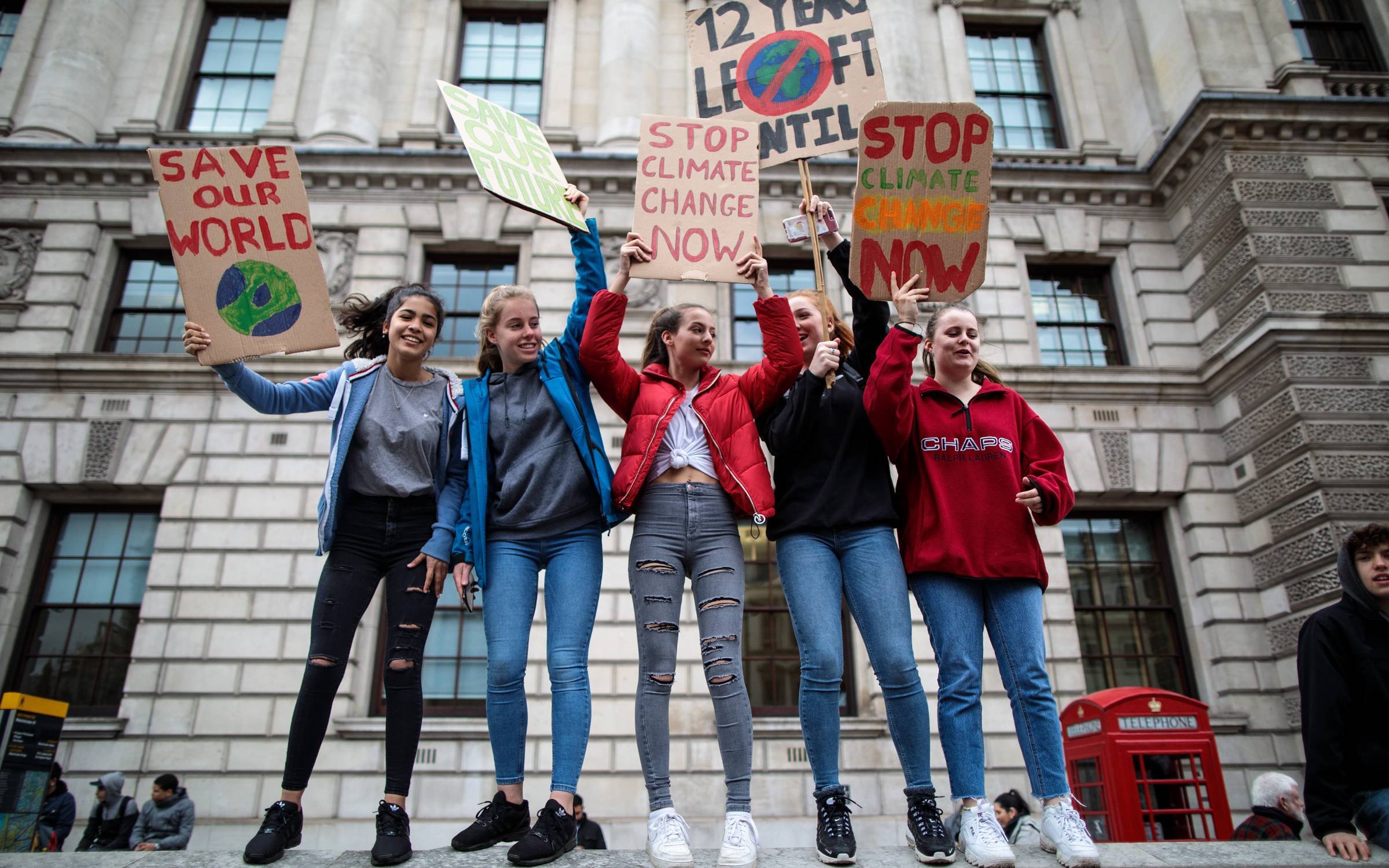 LONDON, ENGLAND - MARCH 15: Students take part in a student climate protest on March 15, 2019