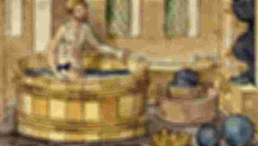 Archimedes in his bath. Hand-coloured woodcut, 1547.