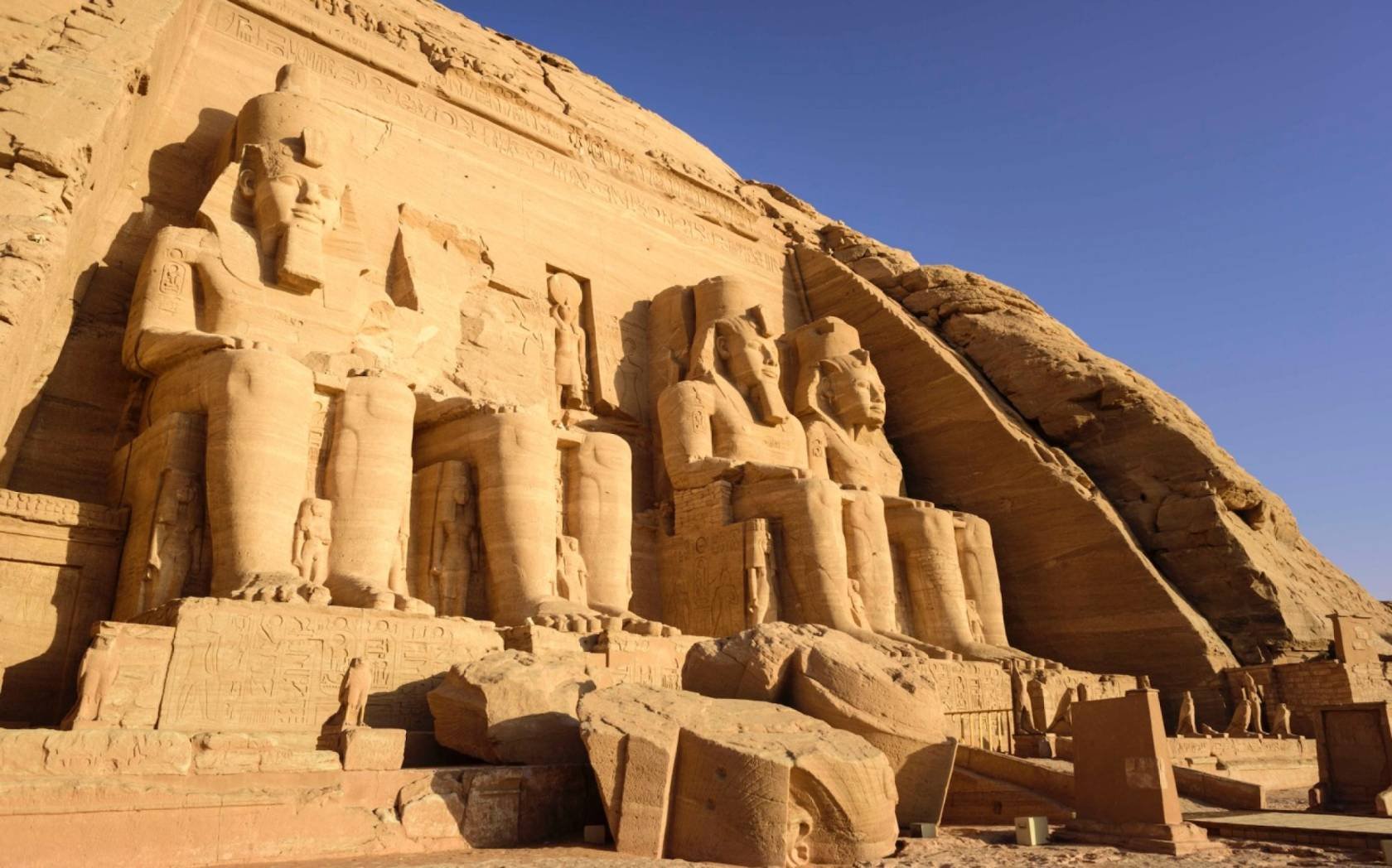Entrance of the main temple of Abu Simbel, Egypt, at sunrise.