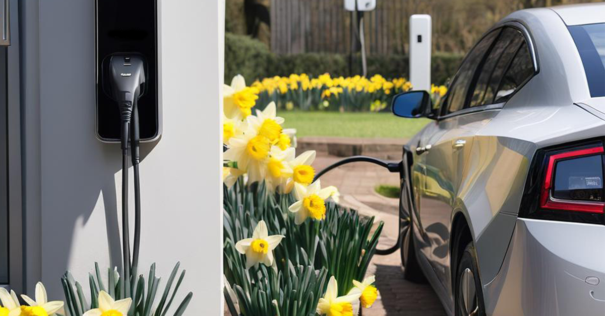 A close-up of an electric vehicle charger. A silver car is charging beside it, plugged into an EV charger in front of the one in the close-up. White and yellow daffodils are lined up in front of the chargers.
