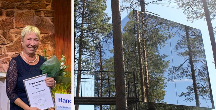 Britta Jonsson Lindvall med Visitas vd Jonas Siljhammar och ordförande Maud Olofsson med en check på 25 000 kronor i pris. Foto: Visita