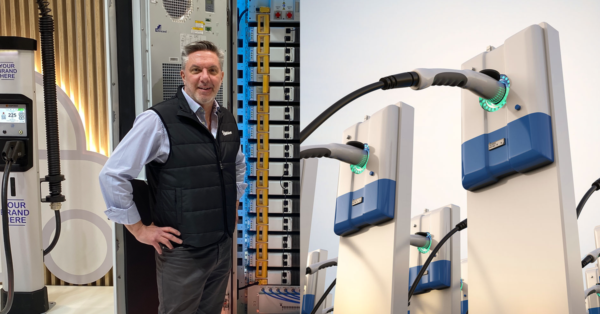 Håkan Tezcanli, dressed in a blue shirt underneath a black vest with the Polarium logo, standing beside an EV charger on one side of the picture. On the other is a closer look at EV chargers.