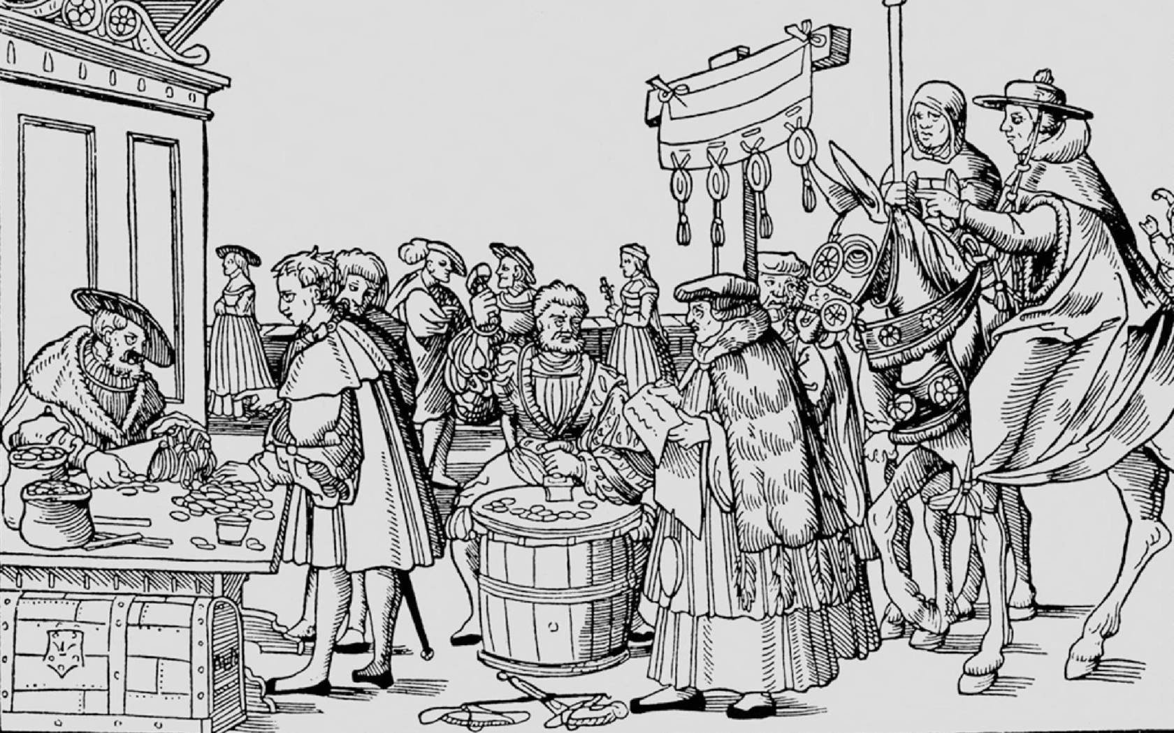 A woodcut from 1510 critiquing the practice of indulgence trading in medieval Europe.