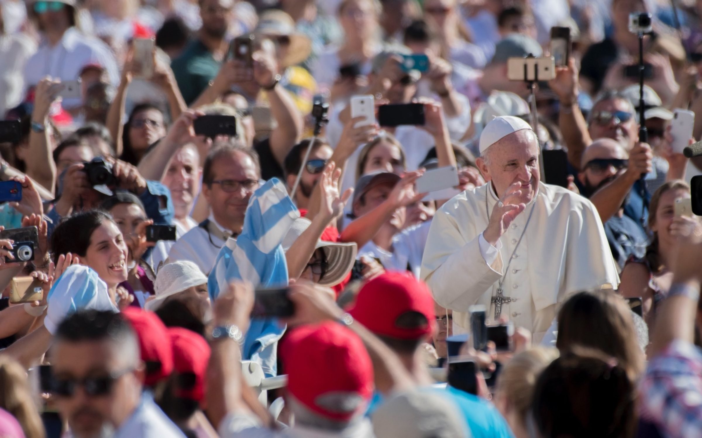 Pope Francis with his weekly audience in St. Peter's Square, Vatican City, in 2018. Credit: Massimo Wallichia / Getty Images.