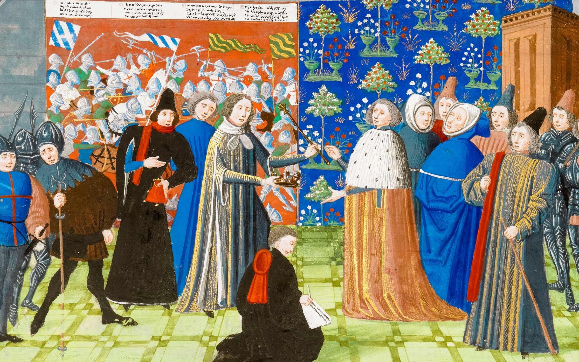 King Richard II of England resigning his crown and abdicating the throne to Henry of Bolingbroke (later, Henry IV of England).