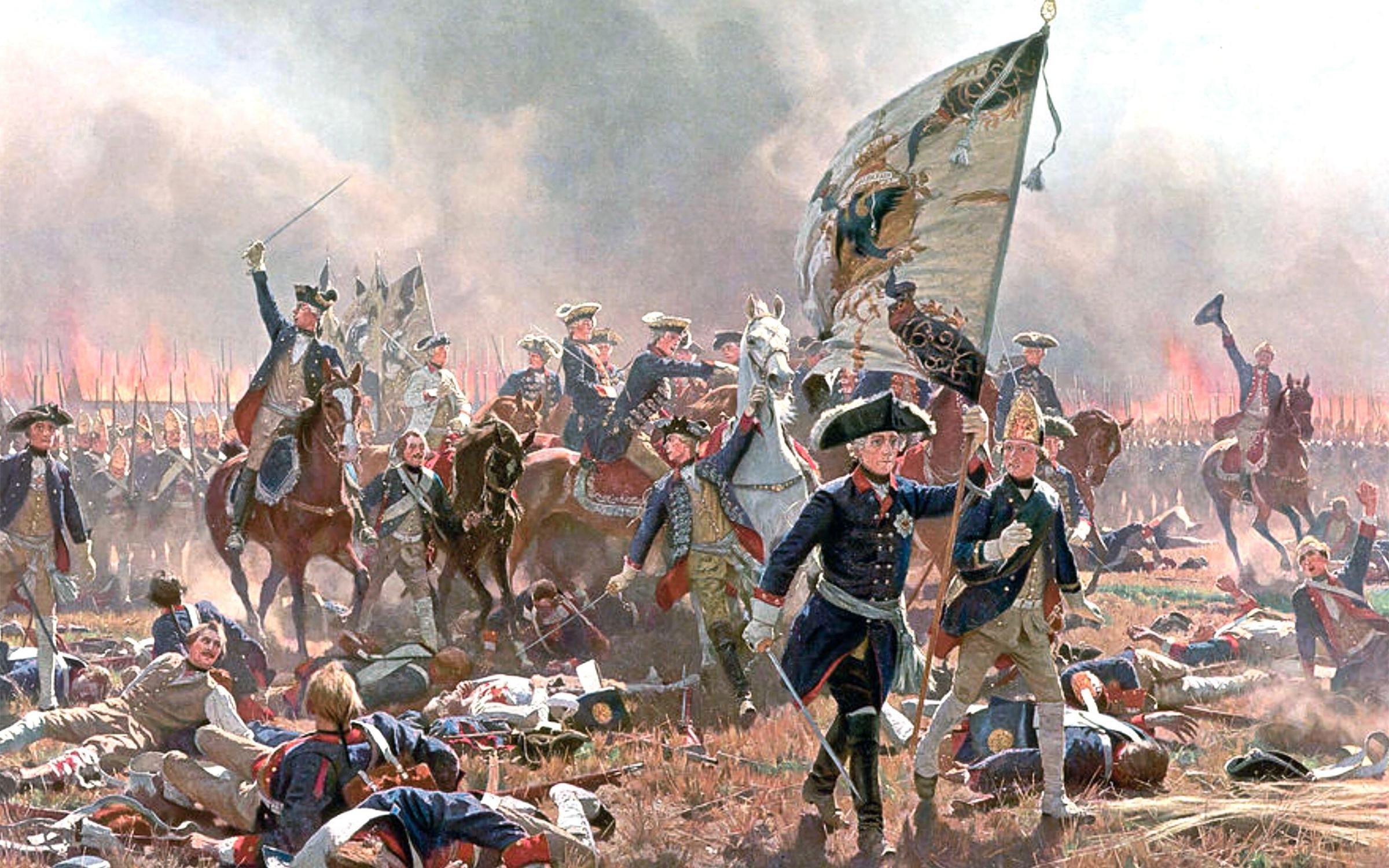 Frederick II 'the Great' of Prussia holds the Prussian standard while advancing against Russian troops during the Battle of Zorndorf, 25 August 1758.
