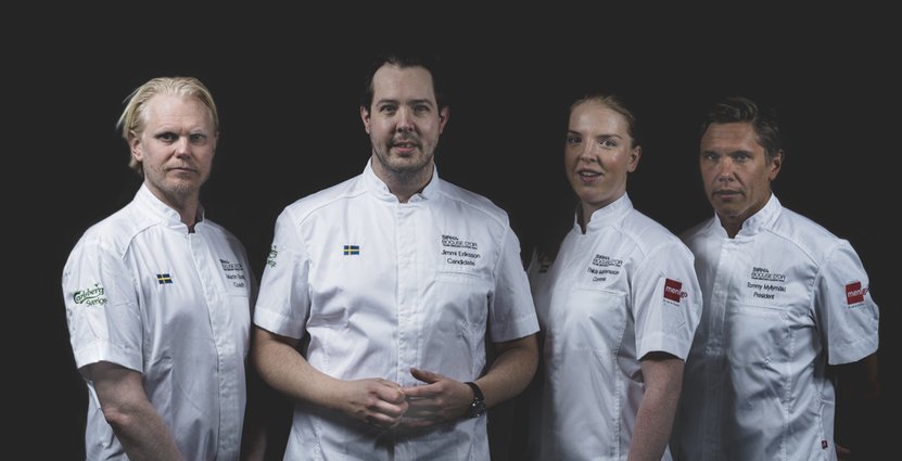 Bocuse d'Or Sweden. Coach Martin Brag, kandidat Jimmi Eriksson, commis Thilda Mårtensson och president Tommy Myllymäki. 