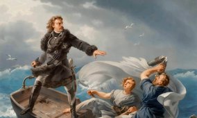 A digitally colourised engraving based on 'Peter the Great in a Storm on Lake Ladoga' by Charles Auguste, Baron de Steuben.