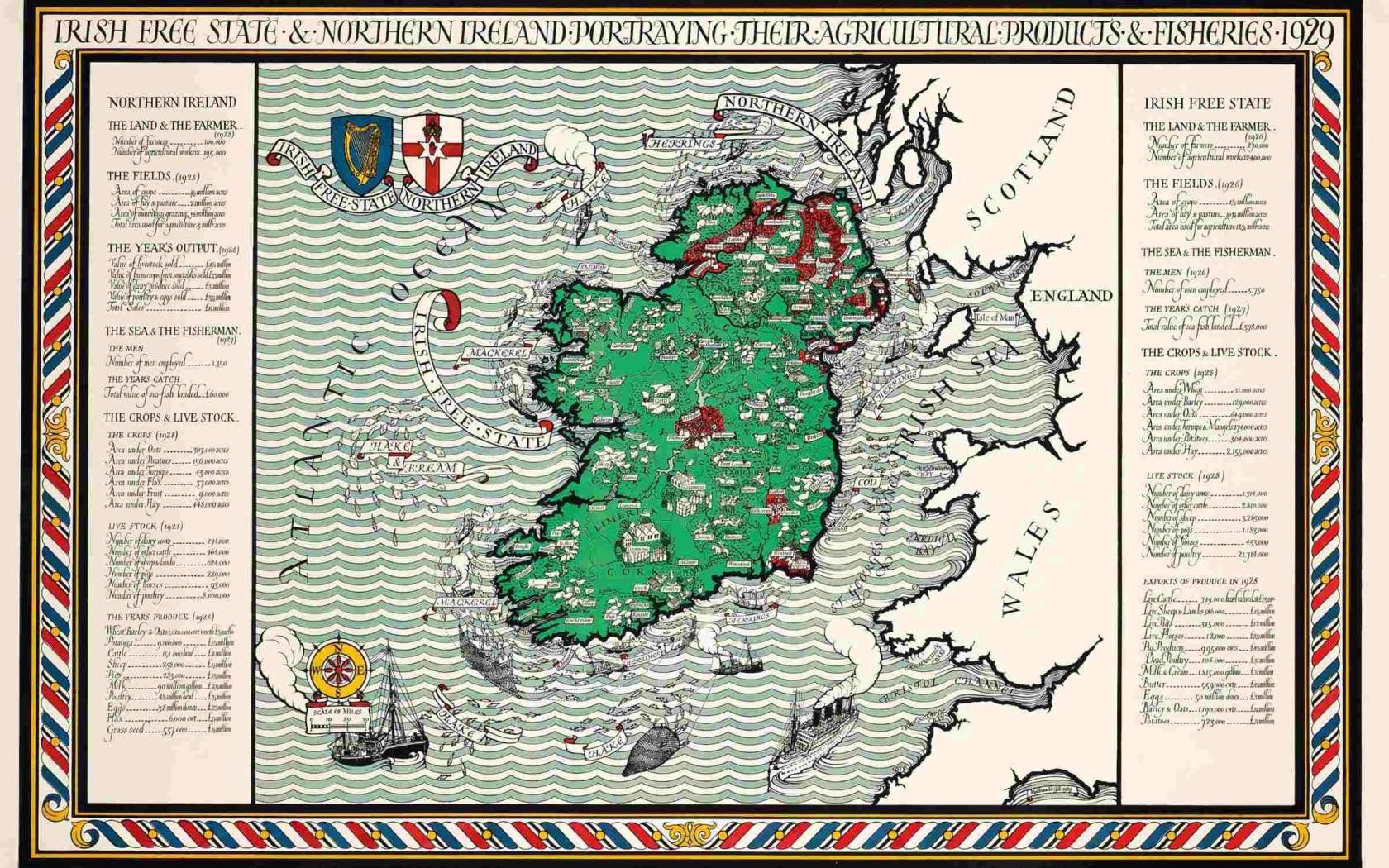 A 1929 map of the Irish Free State and Northern Ireland, portraying their agricultural products and fisheries.