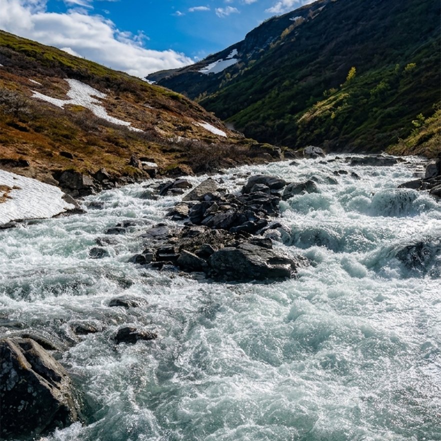 str&ouml;mmande sm&auml;ltvatten p&aring; v&auml;gen upp mot kalfj&auml;llet mellan nuolja och gohpascorru