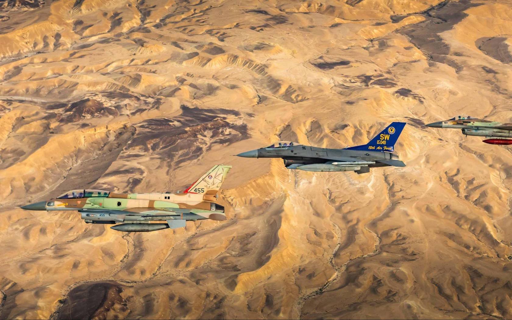 United States and Israeli fighter jets fly together during Exercise Desert Falcon in Israel, January 16, 2022.