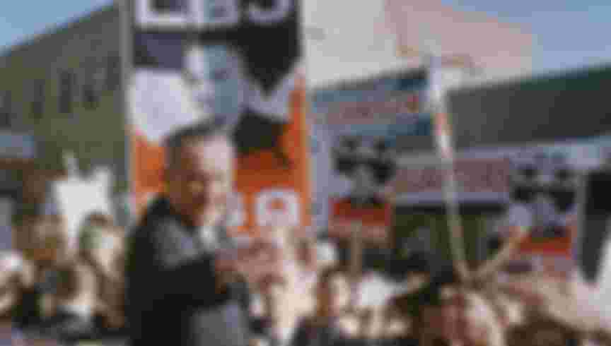 LBJ points to the camera on the campaign trail