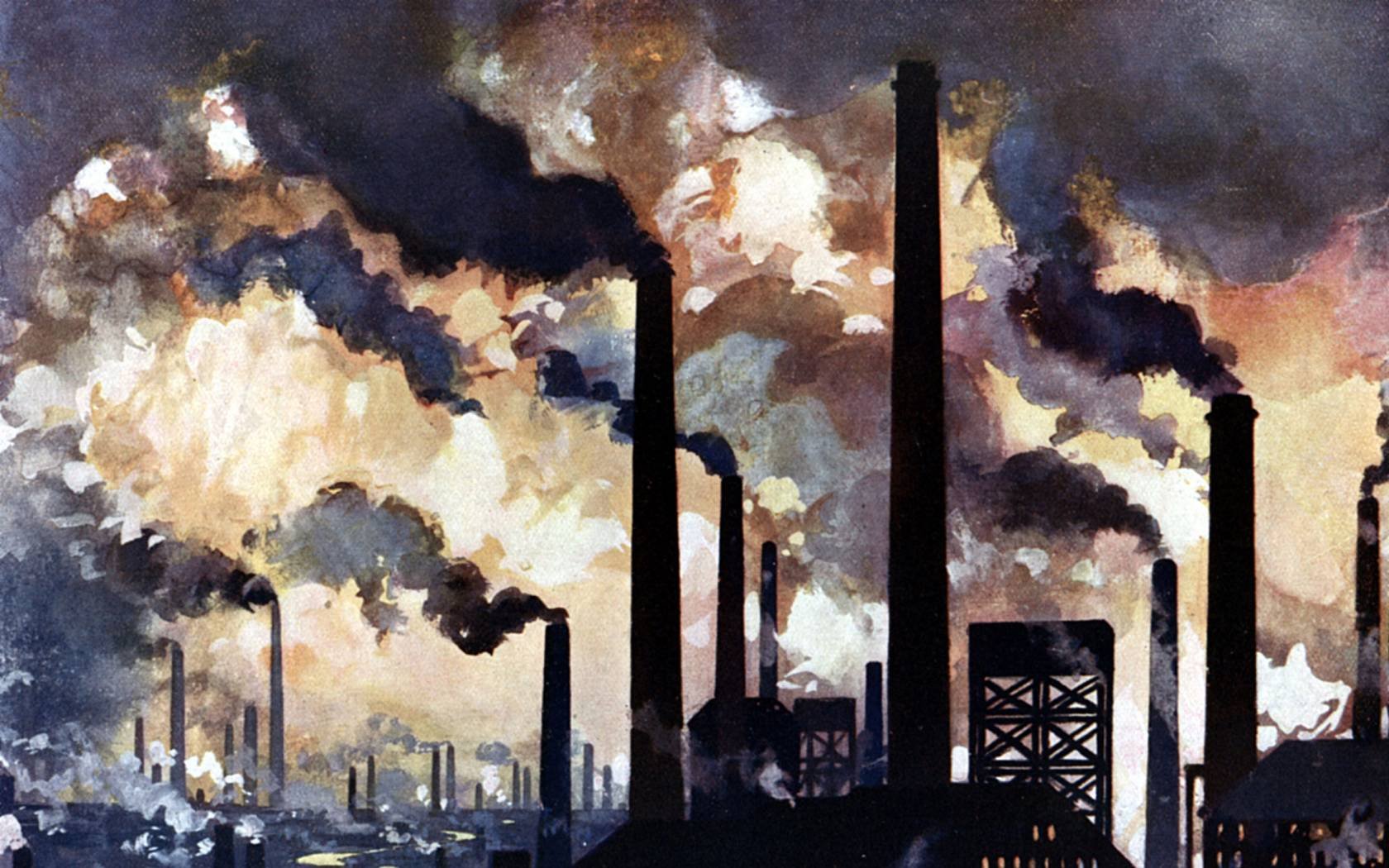 Factory chimneys pouring out polluted smoke in Sheffield